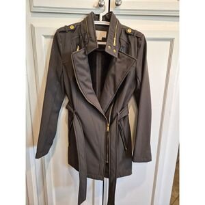 Michael Kors Womens XS Gray Softshell Jacket Faux Fur Lined Hooded Belted Trench